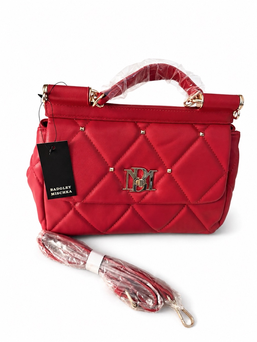 Red Badgley Mischka Red Quilted Studded Satchel Handbag NWT
